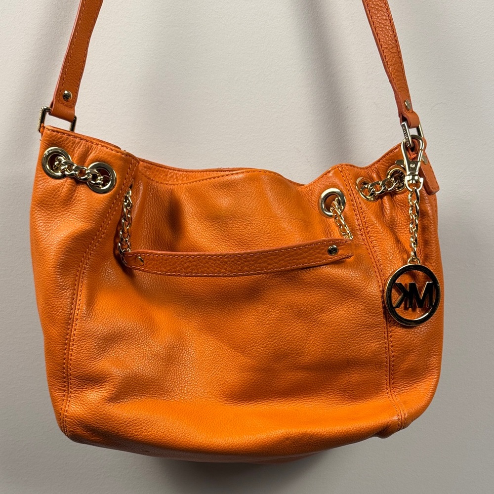 Michael Kors Orange Pebbled Leather Hobo Shoulder Bag Gold MK